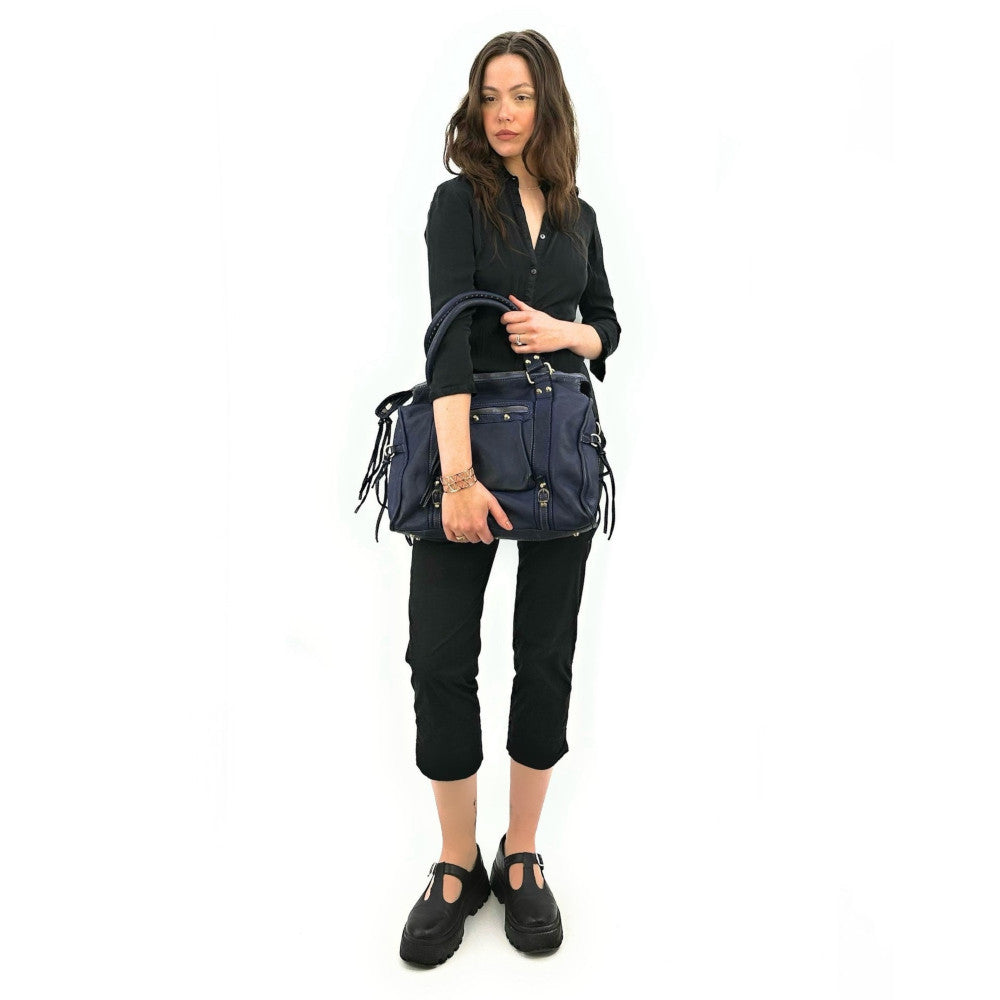 Grand sac porté épaule en cuir souple tannage végétal STORM XL HURRICAN Bleu profond