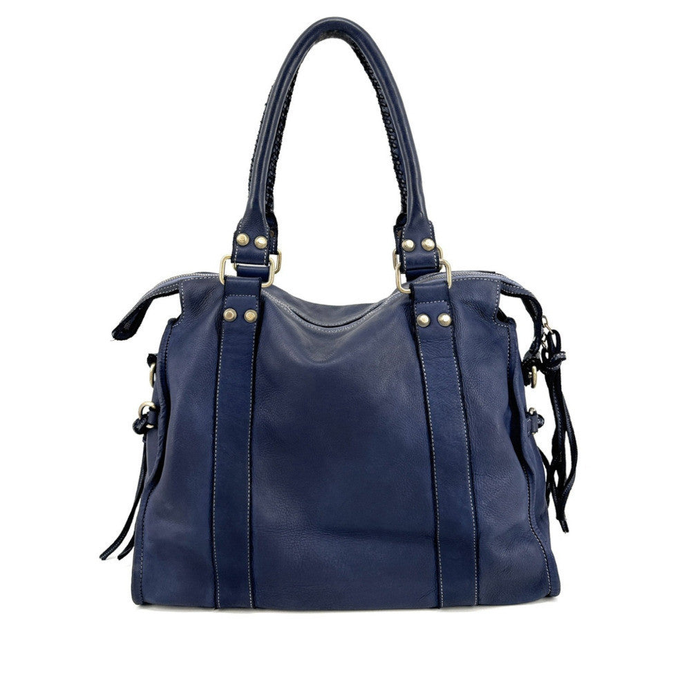 Grand sac porté épaule en cuir souple tannage végétal STORM XL HURRICAN Bleu profond