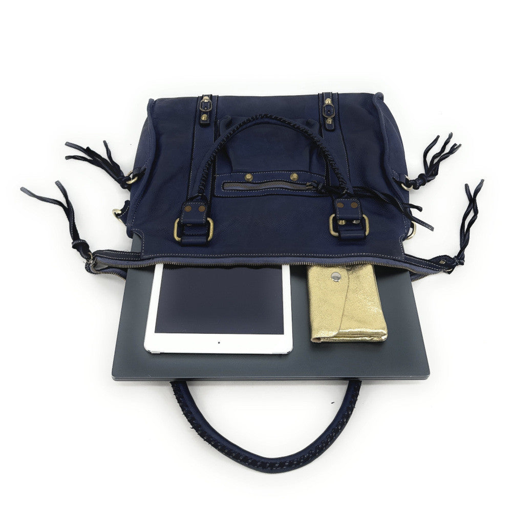 Grand sac porté épaule en cuir souple tannage végétal STORM XL HURRICAN Bleu profond
