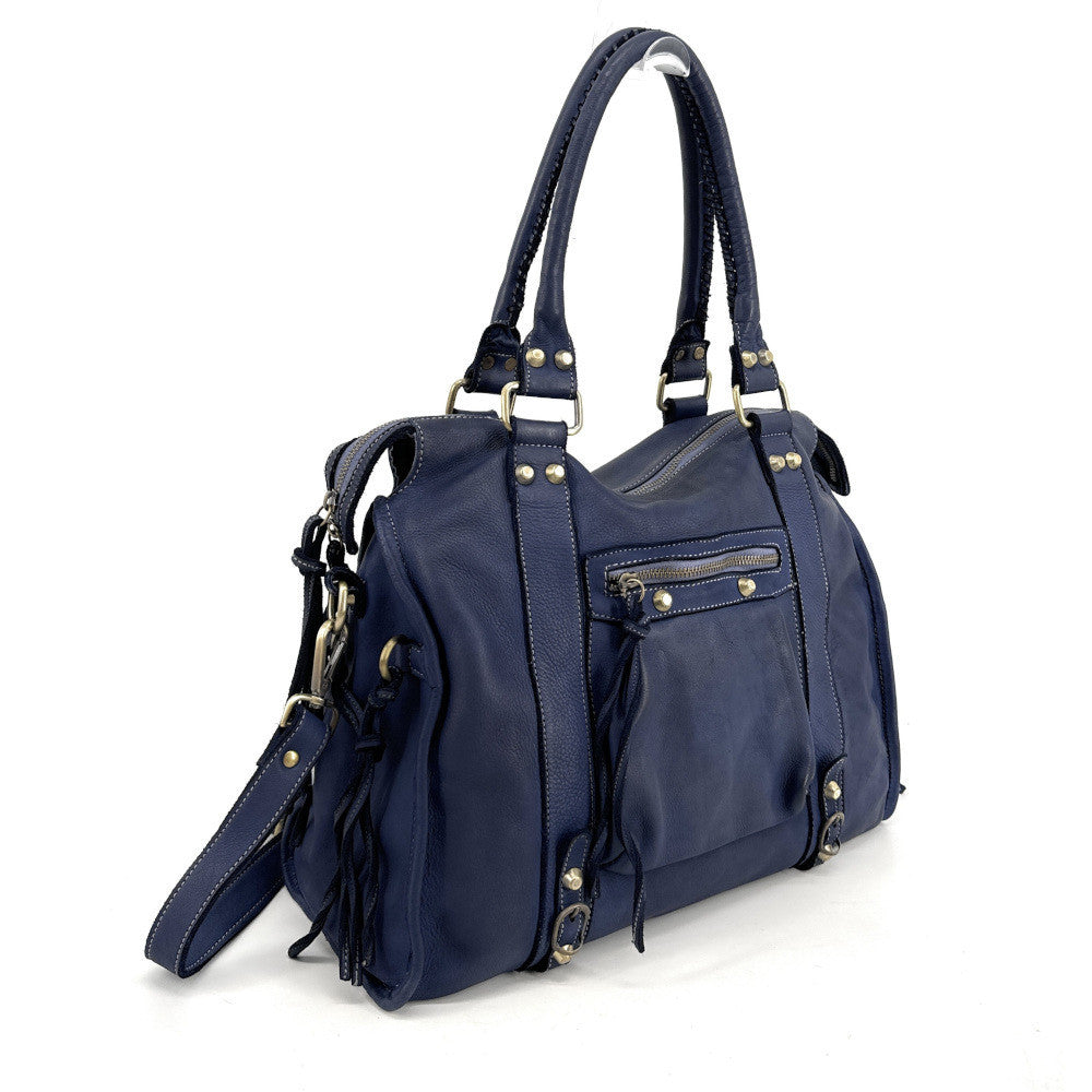 Grand sac porté épaule en cuir souple tannage végétal STORM XL HURRICAN Bleu profond