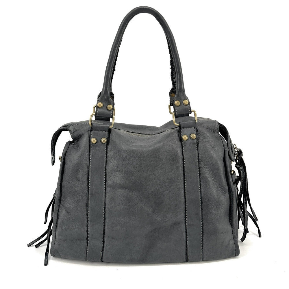 Grand sac porté épaule en cuir souple tannage végétal STORM XL HURRICAN Gris foncé