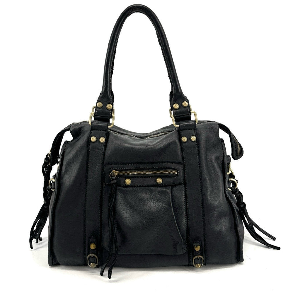 Grand sac porté épaule en cuir souple tannage végétal STORM XL HURRICAN Noir