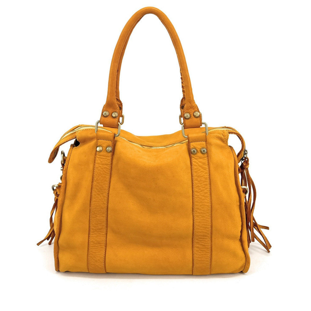 Grand sac porté épaule en cuir souple tannage végétal STORM XL HURRICAN Jaune Moutarde