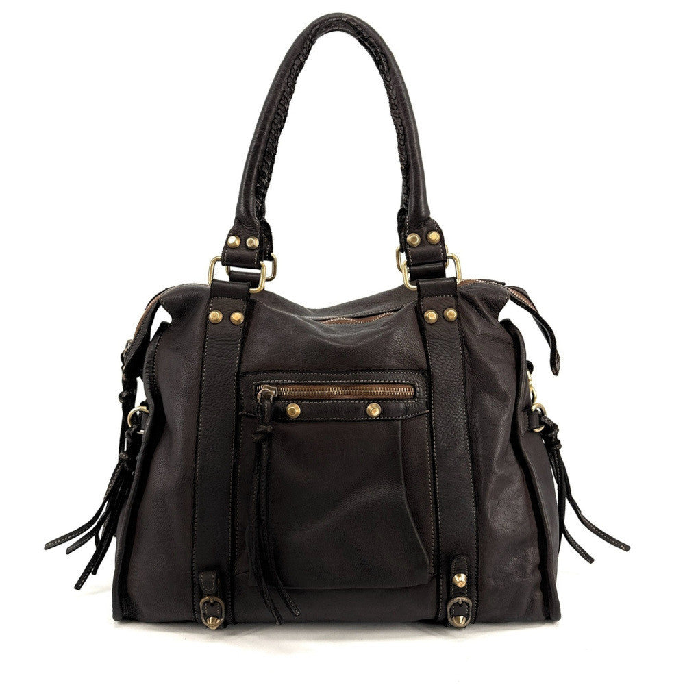 Grand sac porté épaule en cuir souple tannage végétal STORM XL HURRICAN Chocolat
