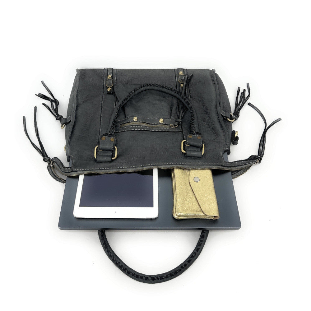 Grand sac porté épaule en cuir souple tannage végétal STORM XL HURRICAN Gris foncé