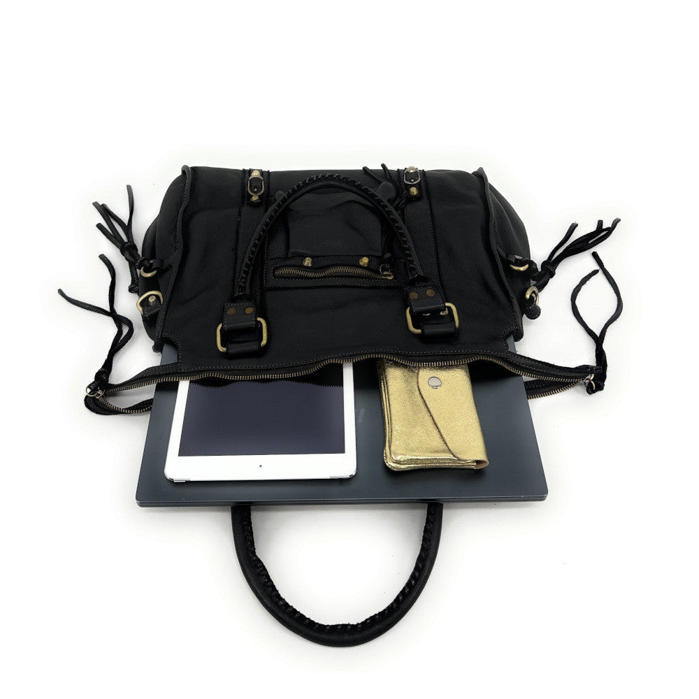 Grand sac porté épaule en cuir souple tannage végétal STORM XL HURRICAN Noir