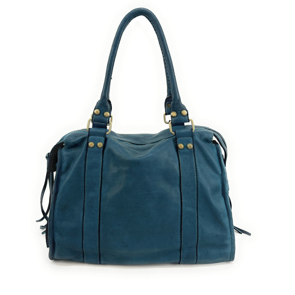 Grand sac porté épaule en cuir souple tannage végétal STORM XL HURRICAN Bleu vert canard