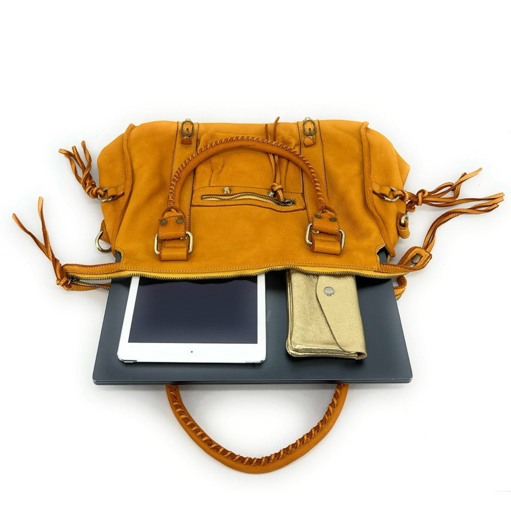 Grand sac porté épaule en cuir souple tannage végétal STORM XL HURRICAN Jaune Moutarde