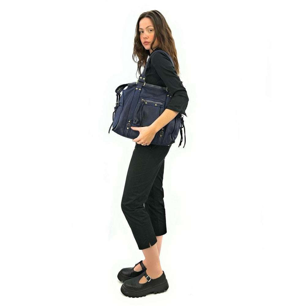 Grand sac porté épaule en cuir souple tannage végétal STORM XL HURRICAN Bleu profond