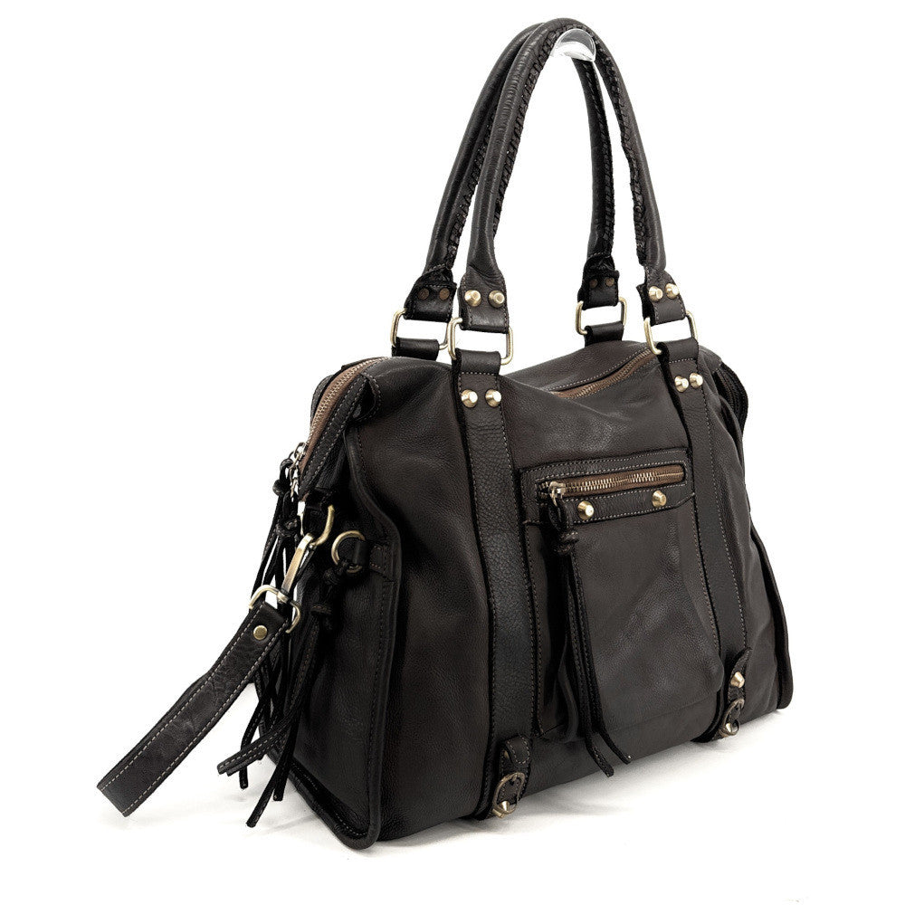 Grand sac porté épaule en cuir souple tannage végétal STORM XL HURRICAN Chocolat
