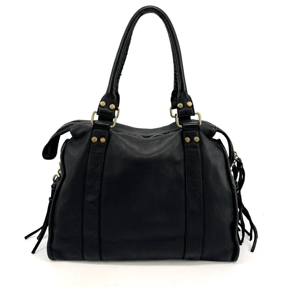 Grand sac porté épaule en cuir souple tannage végétal STORM XL HURRICAN Noir