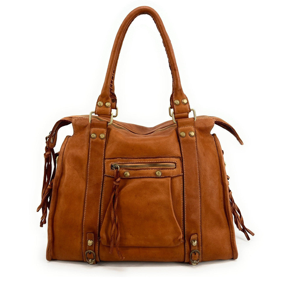 Grand sac porté épaule en cuir souple tannage végétal STORM XL HURRICAN Camel
