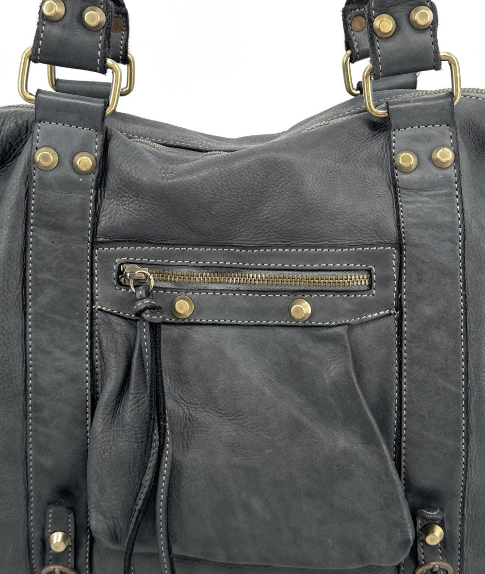 Grand sac porté épaule en cuir souple tannage végétal STORM XL HURRICAN Gris foncé
