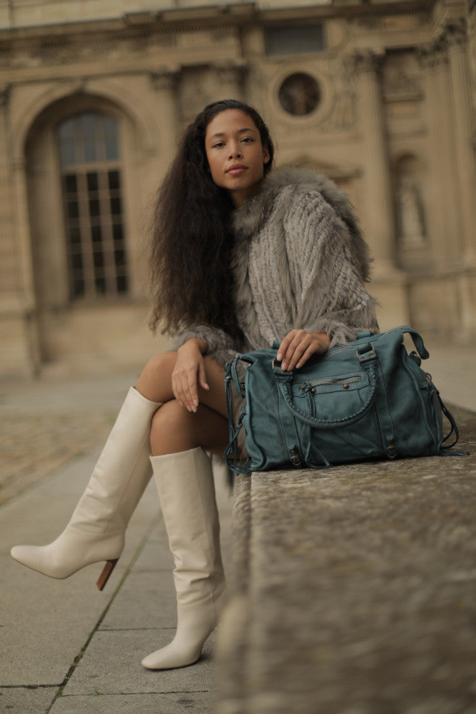 Grand sac porté épaule en cuir souple tannage végétal STORM XL HURRICAN Bleu vert canard