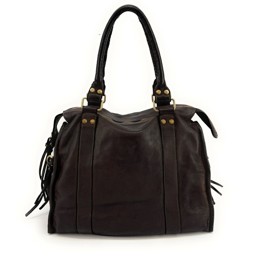 Grand sac porté épaule en cuir souple tannage végétal STORM XL HURRICAN Chocolat