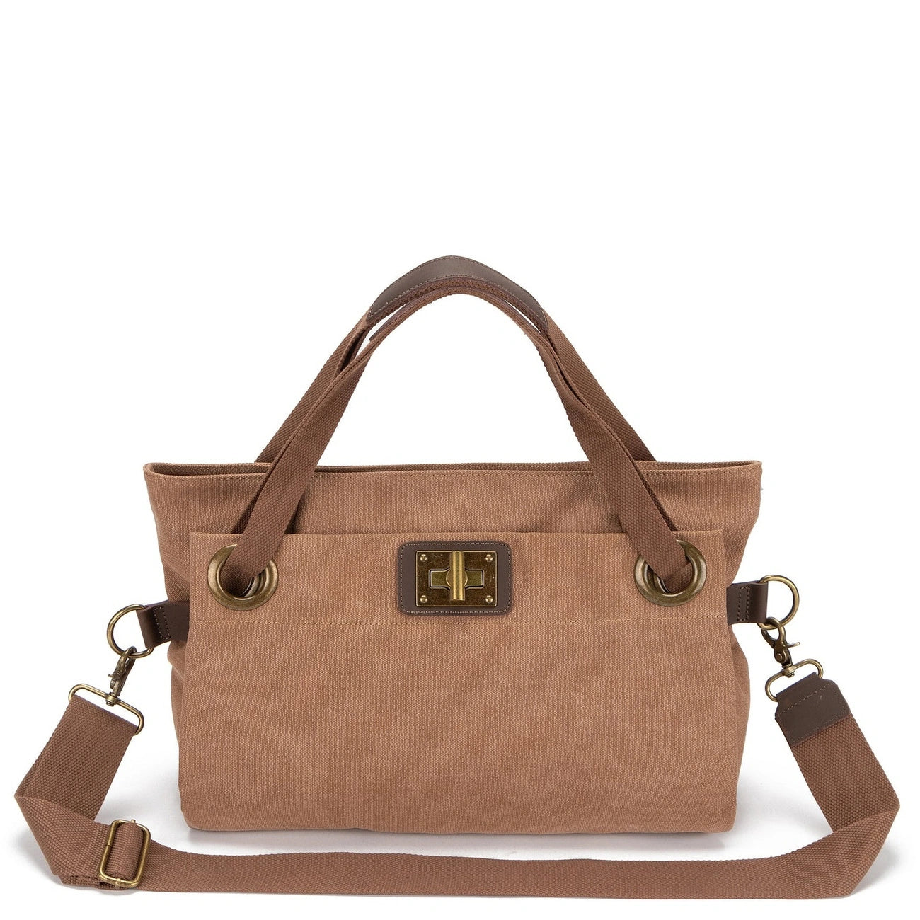 Sac porté épaule en cuir et toile TOBAGO M Marron camel foncé