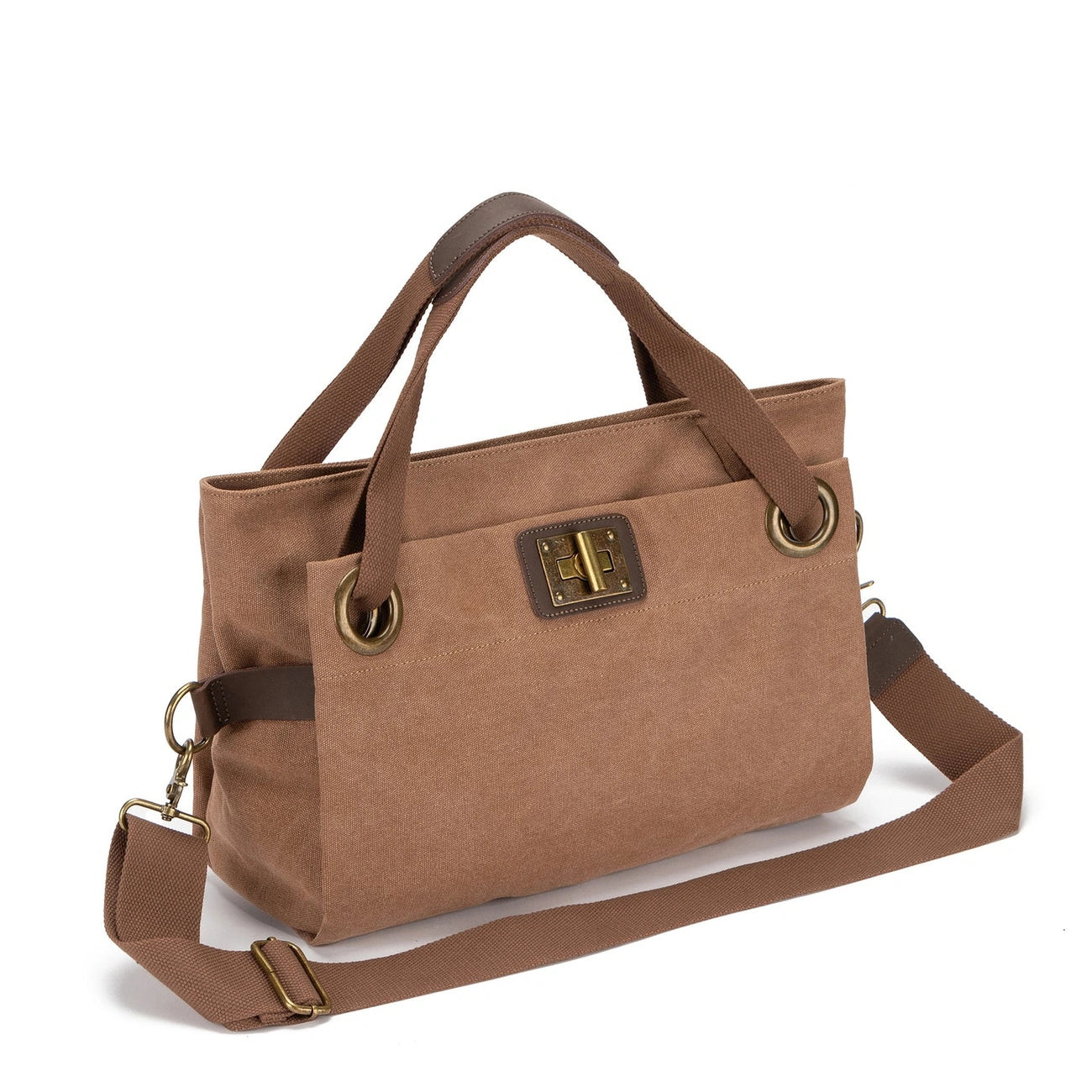 Sac porté épaule en cuir et toile TOBAGO M Marron camel foncé