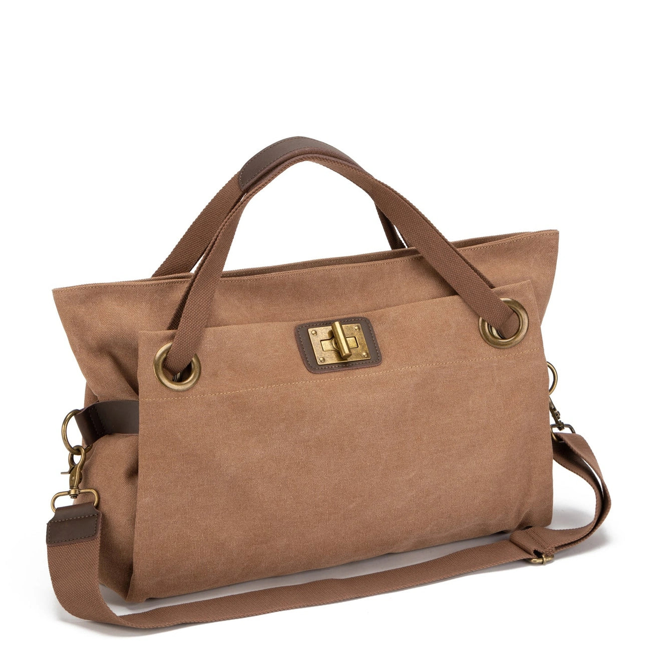 Sac week-end en cuir et toile TOBAGO L Marron camel foncé