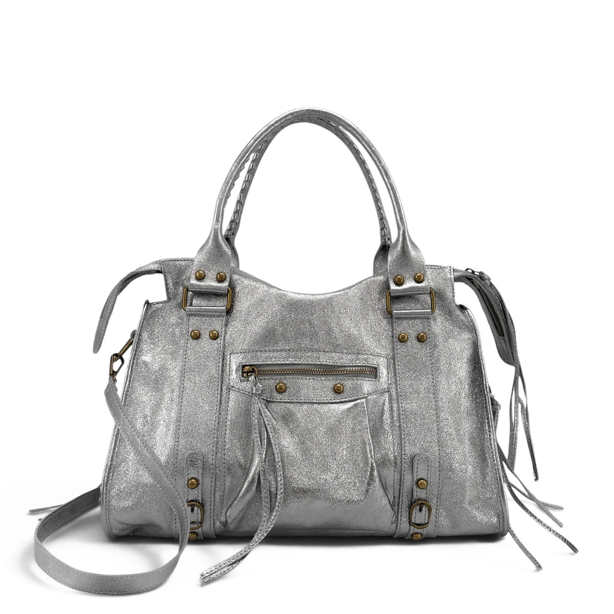 Handtasche aus schillerndem Leder SANDSTORM Mittelsilber