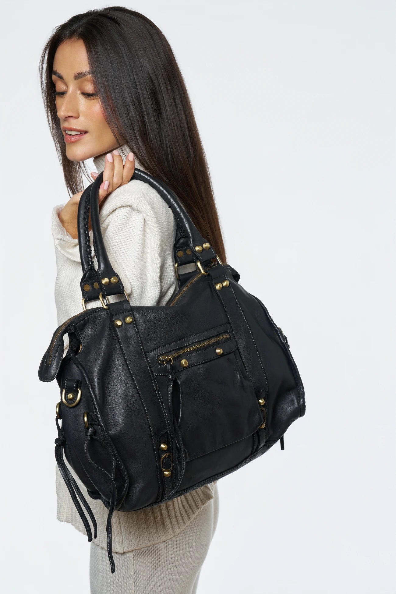 Grand sac porté épaule en cuir vintage STORM XL HURRICAN Noir