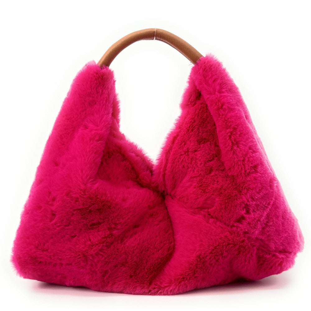 Sac hobo en fausse fourrure et cuir LITTLE FLUFFY Rose fuchsia