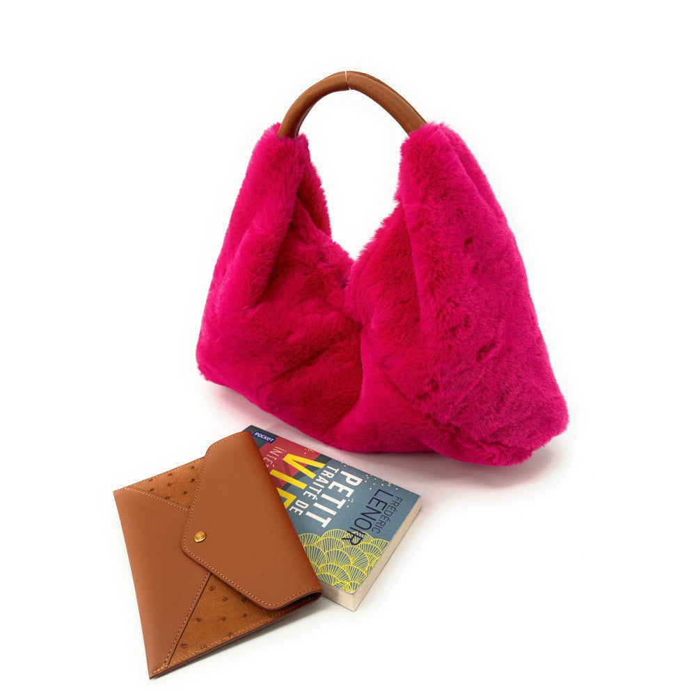 Sac hobo en fausse fourrure et cuir LITTLE FLUFFY Rose fuchsia