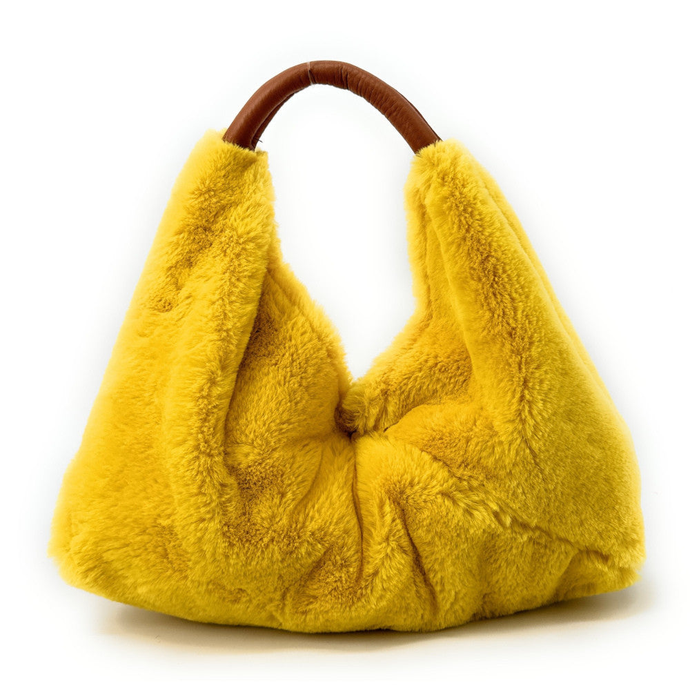 Sac hobo en fausse fourrure et cuir LITTLE FLUFFY Jaune tournesol