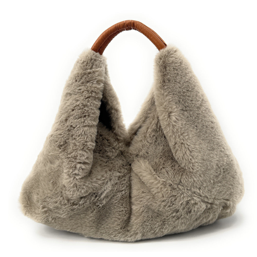 Sac hobo en fausse fourrure et cuir LITTLE FLUFFY Gris taupe clair