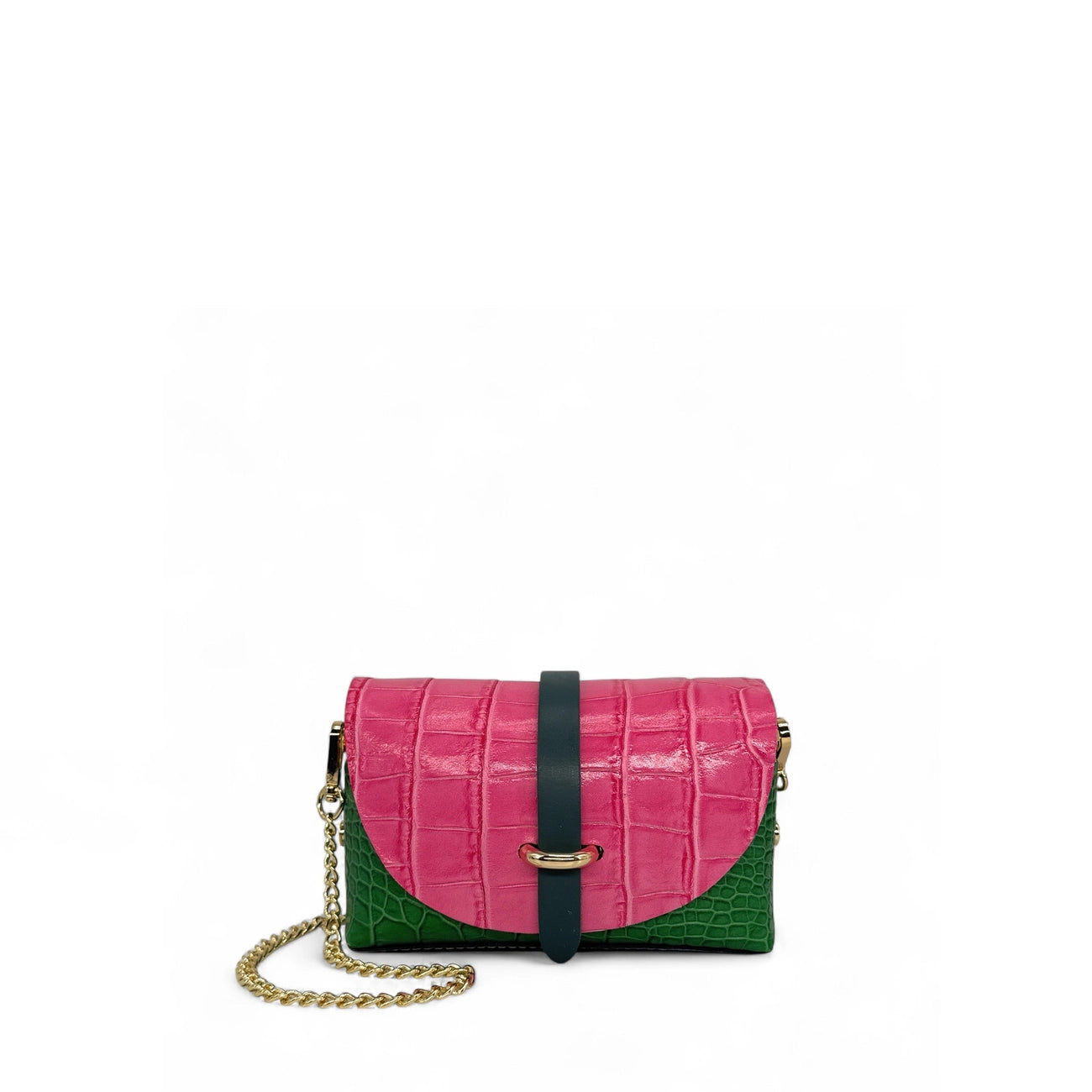 Mini sac à main en cuir à motif façon croco CANDY CRUSH Rose fuchsia et Vert anglais