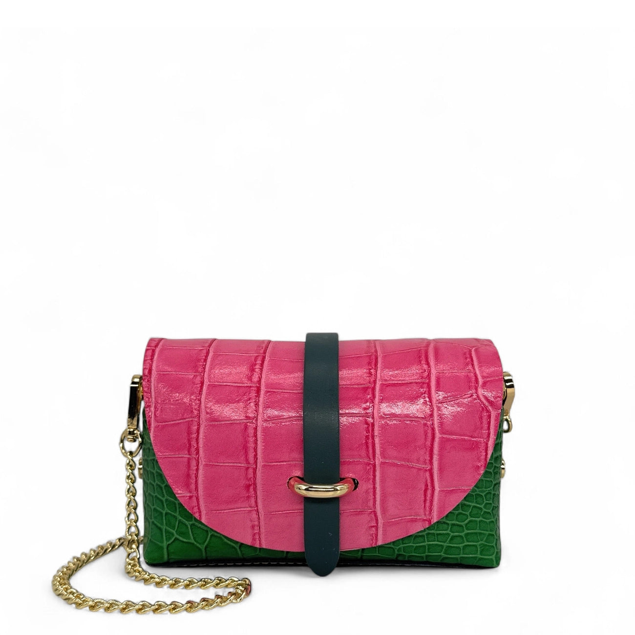 Mini sac à main en cuir à motif façon croco CANDY CRUSH Rose fuchsia et Vert anglais