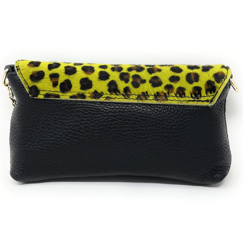Mini-sac à main en cuir et poils de vachette MASAÏ Ocelot jaune