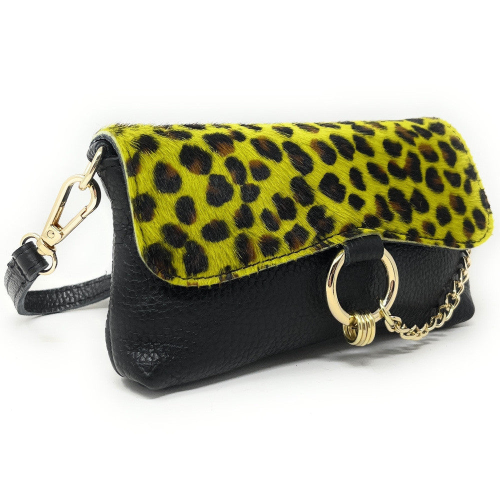 Mini-sac à main en cuir et poils de vachette MASAÏ Ocelot jaune