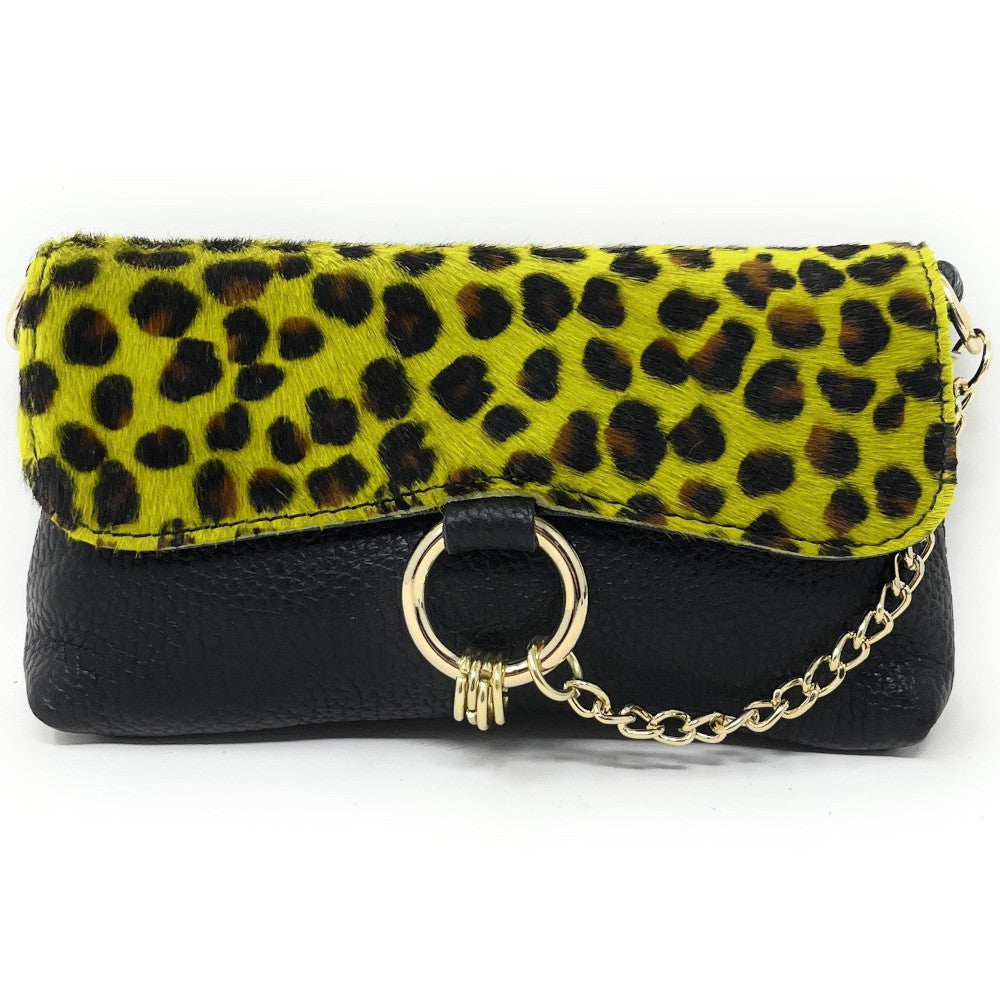 Mini-sac à main en cuir et poils de vachette MASAÏ Ocelot jaune