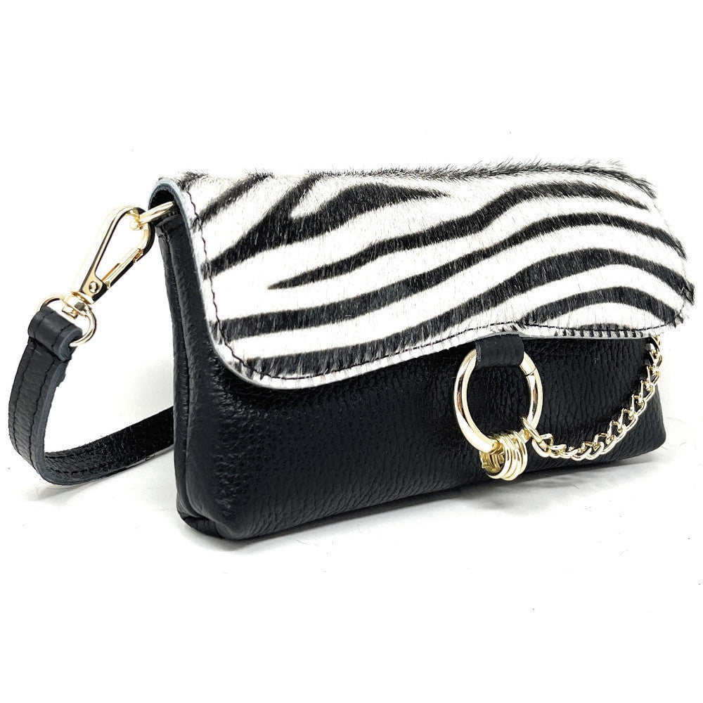 Mini-sac à main en cuir et poils de vachette MASAÏ Zèbre