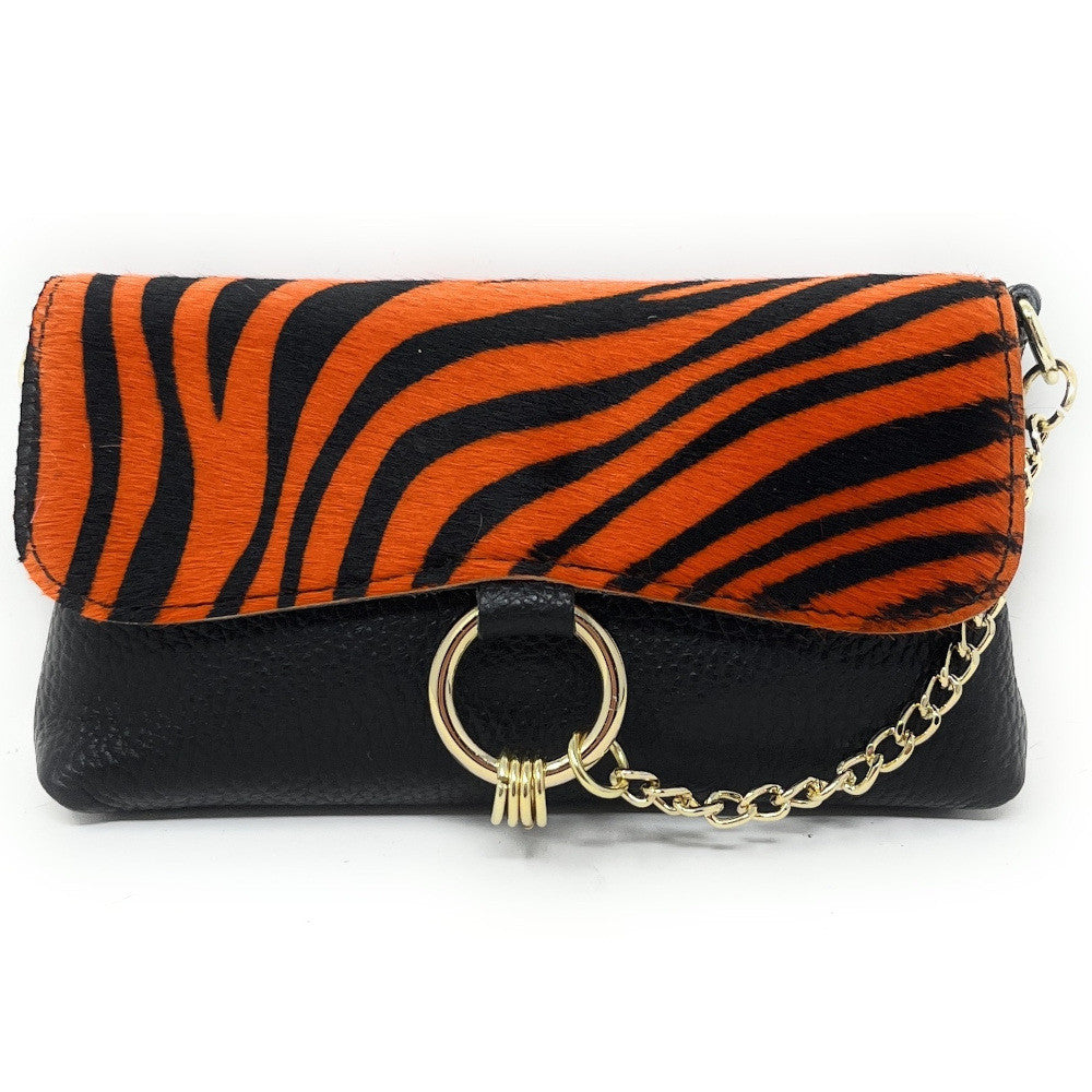 Mini-sac à main en cuir et poils de vachette MASAÏ Zèbre orange
