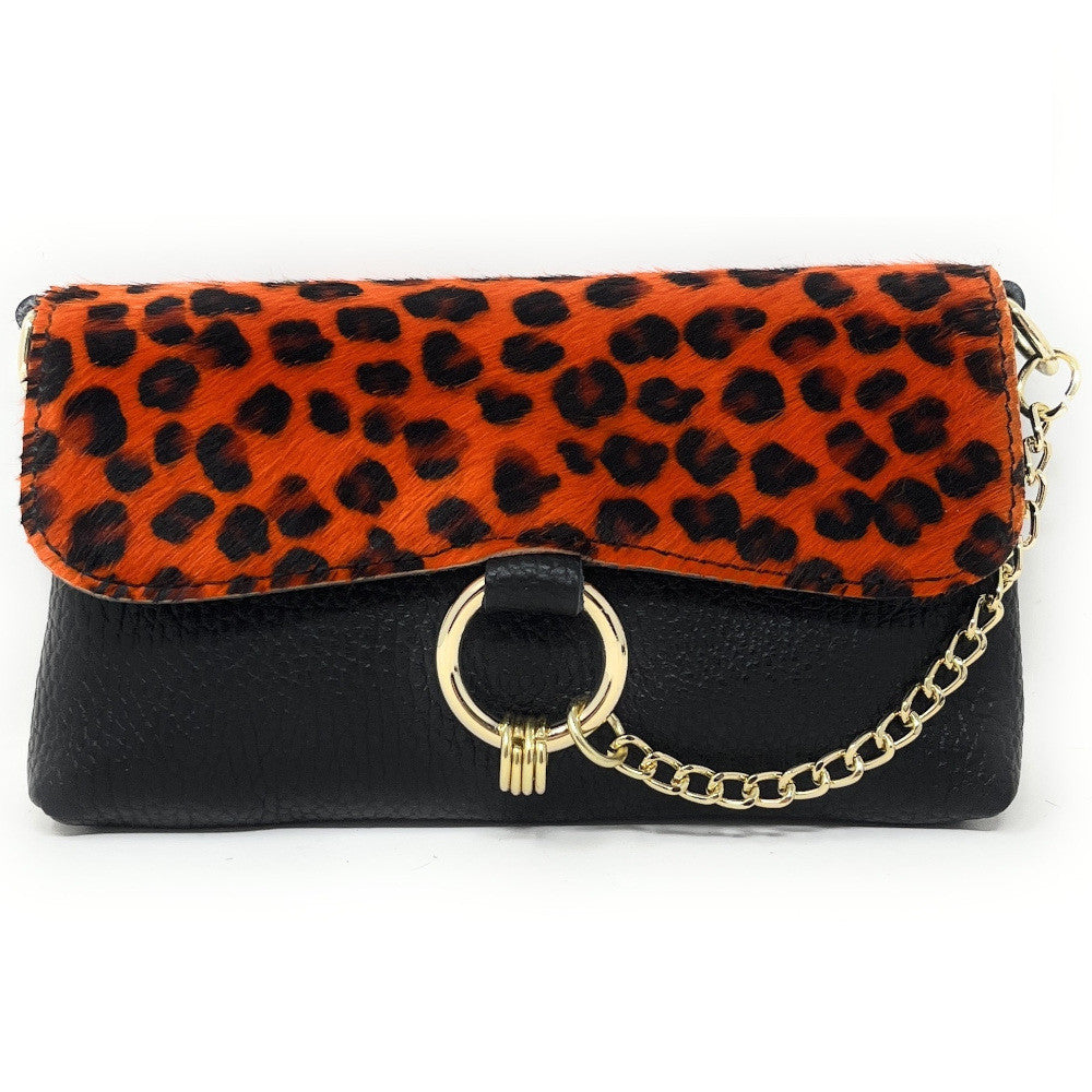 Mini-sac à main en cuir et poils de vachette MASAÏ Ocelot orange