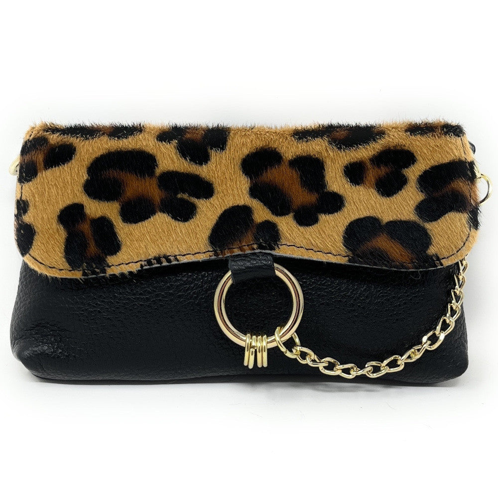 Mini-sac à main en cuir et poils de vachette MASAÏ Léopard