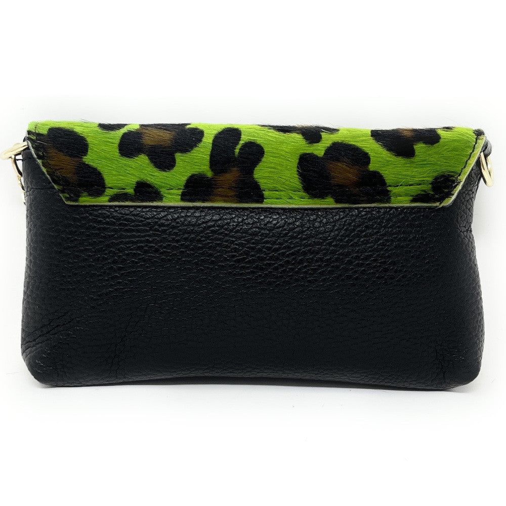Mini-sac à main en cuir et poils de vachette MASAÏ Léopard vert