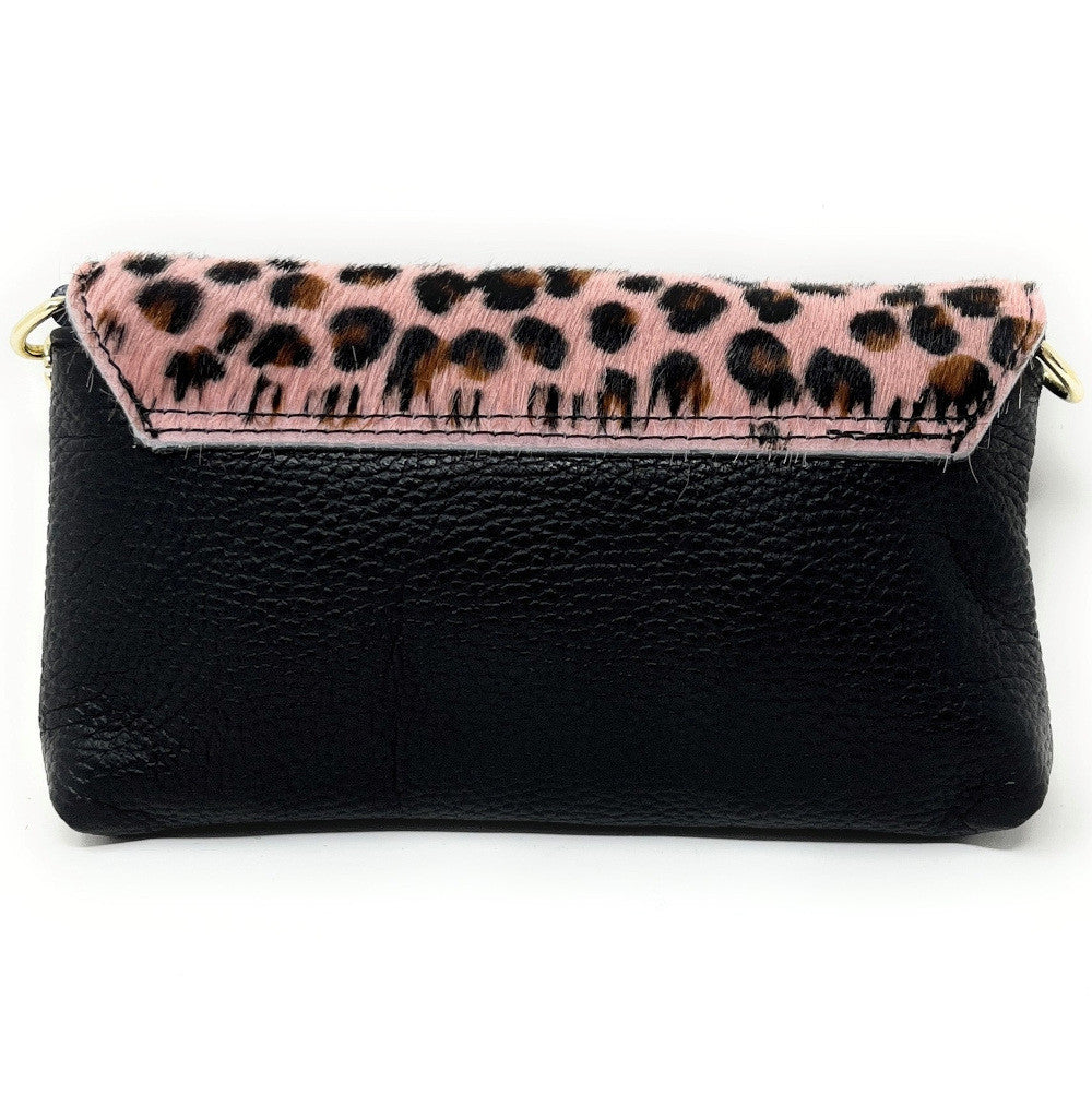 Mini-sac à main en cuir et poils de vachette MASAÏ Ocelot rose nude
