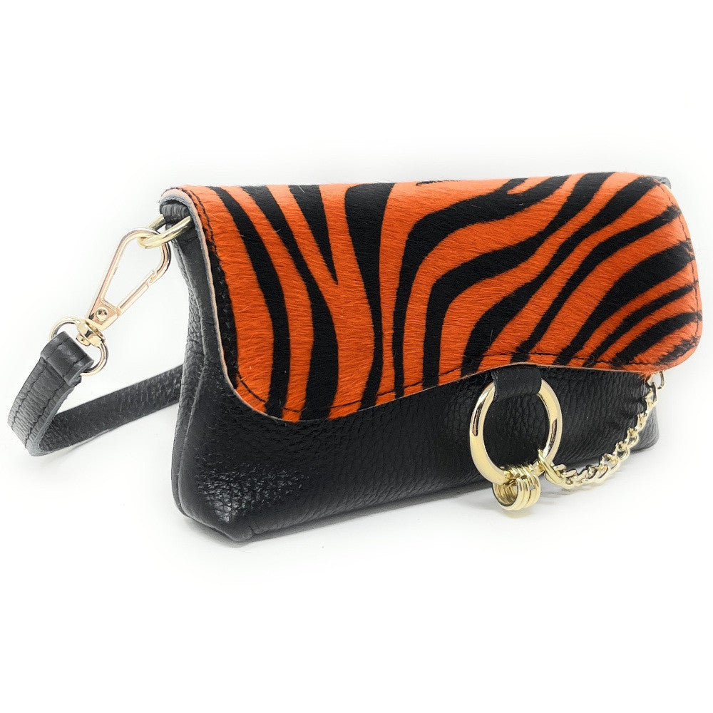 Mini-sac à main en cuir et poils de vachette MASAÏ Zèbre orange