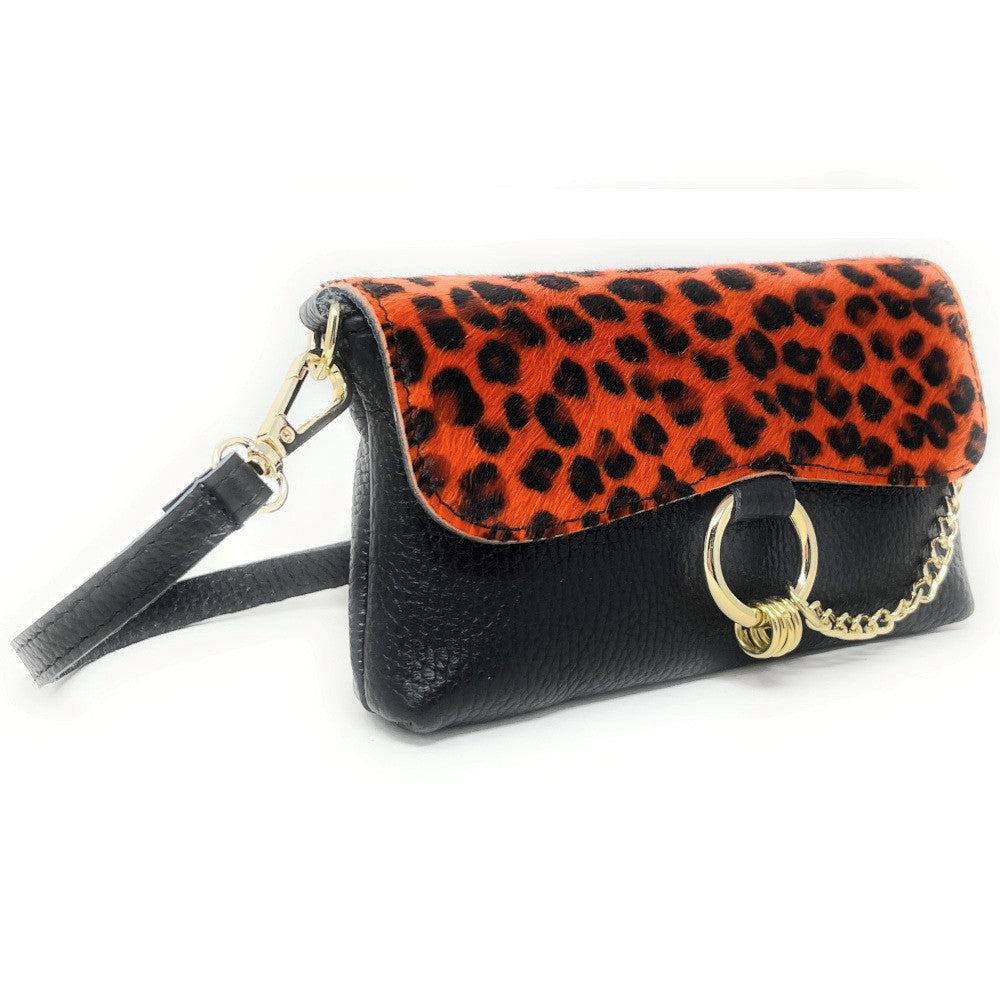 Mini-sac à main en cuir et poils de vachette MASAÏ Ocelot orange