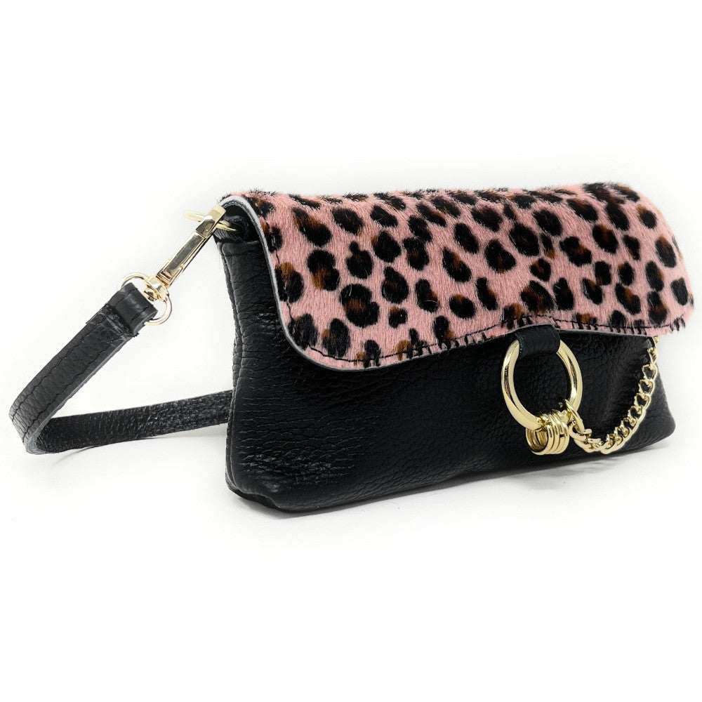 Mini-sac à main en cuir et poils de vachette MASAÏ Ocelot rose nude