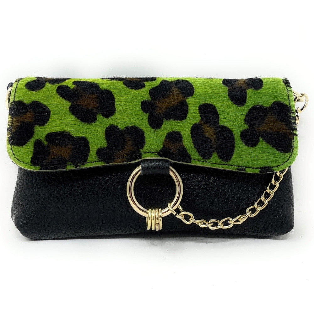 Mini-sac à main en cuir et poils de vachette MASAÏ Léopard vert