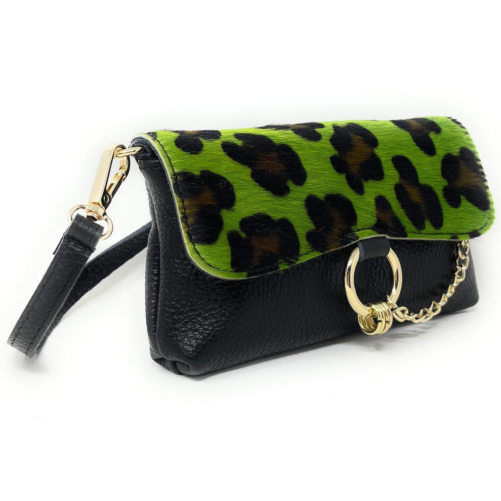 Mini-sac à main en cuir et poils de vachette MASAÏ Léopard vert