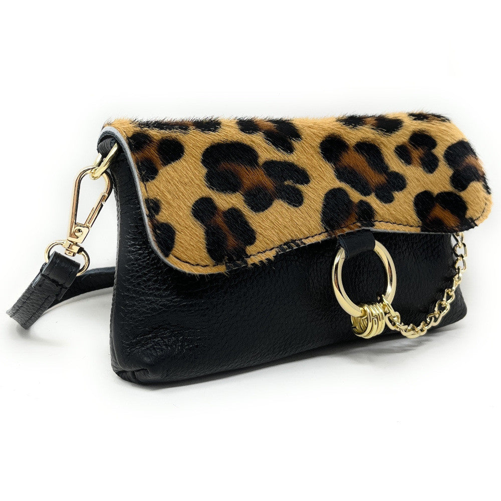 Mini-sac à main en cuir et poils de vachette MASAÏ Léopard