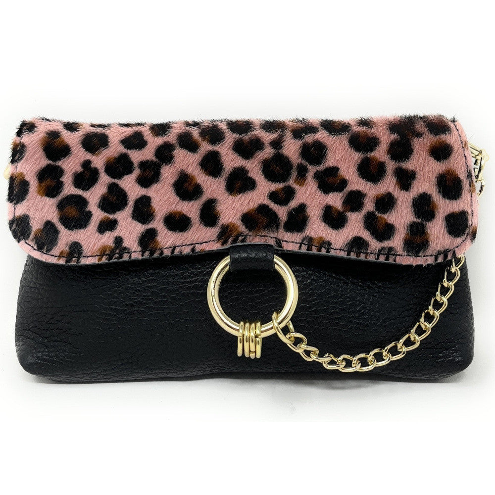 Mini-sac à main en cuir et poils de vachette MASAÏ Ocelot rose nude