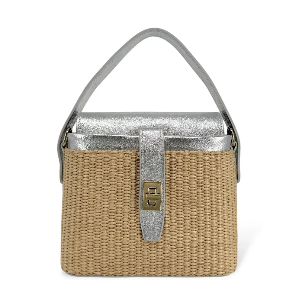 Mini-sac à main en cuir et raphia SIENNA Argent moyen