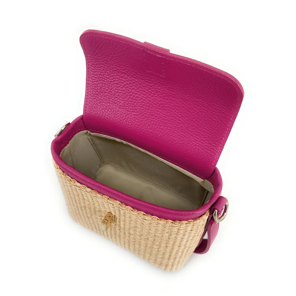 Mini-sac à main en cuir et raphia SIENNA Rose fuchsia
