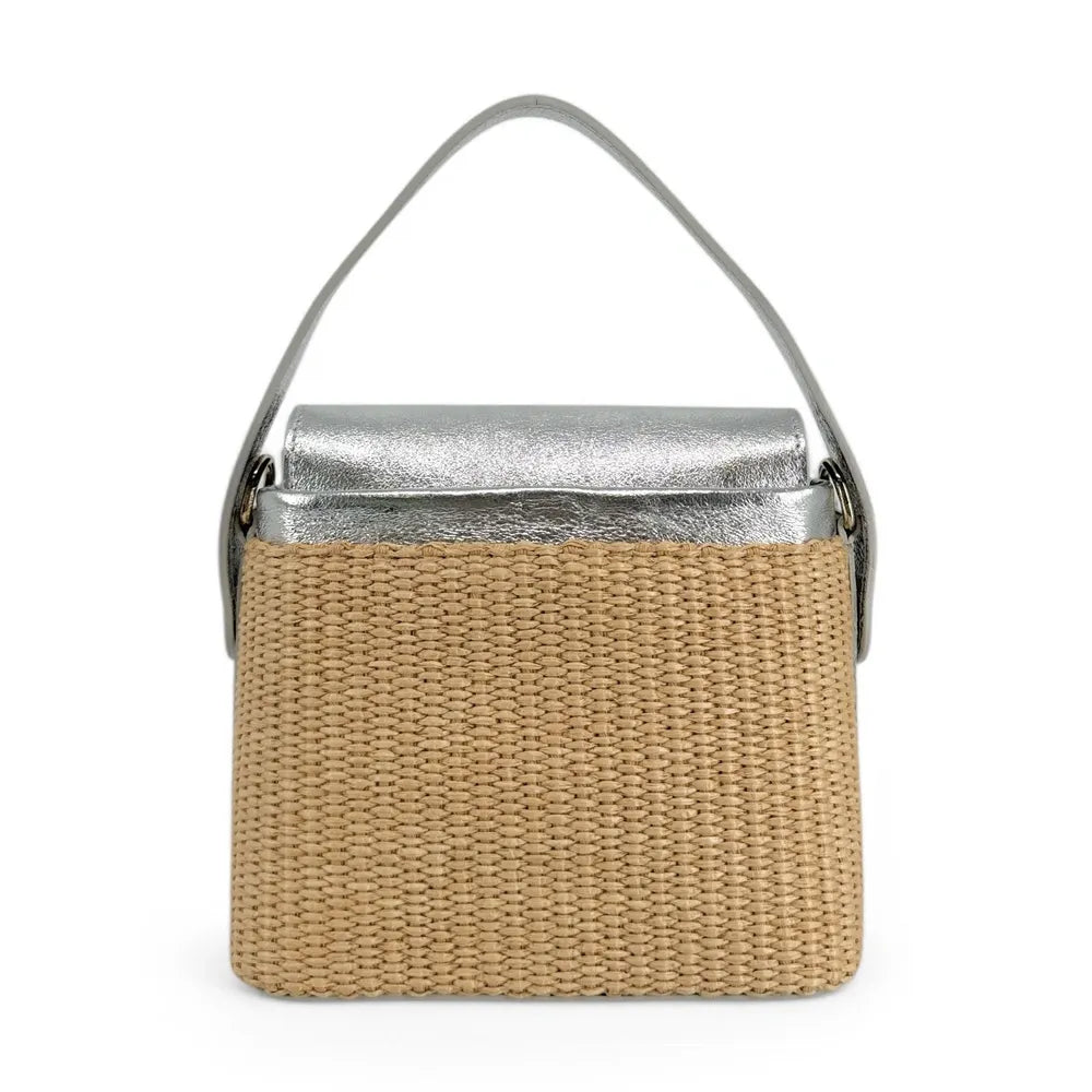Mini-sac à main en cuir et raphia SIENNA Argent moyen