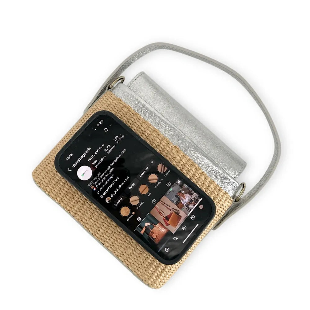 Mini-sac à main en cuir et raphia SIENNA Argent moyen